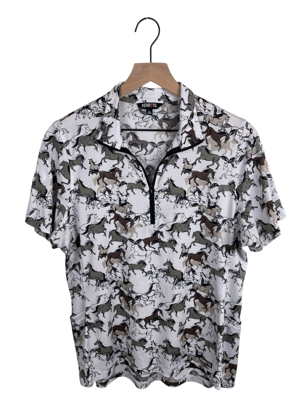 Kerrits Ice Fil Short Sleeve Zip Shirt Size Large White Horse Print Equestrian